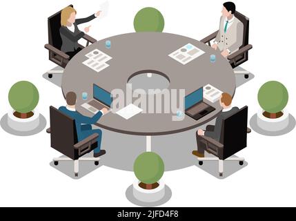Business meeting isometric icon with people sitting at round table 3d vector illustration Stock Vector