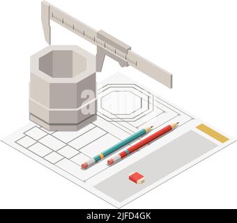 Stem education isometric concept icons composition with image of screw measured by trammel vector illustration Stock Vector