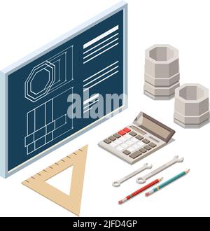 Stem education isometric concept icons composition with images of part and blueprint with drawing tools vector illustration Stock Vector