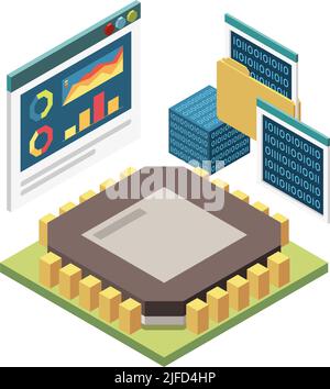 Stem education isometric concept icons composition with image of microchip with binary code screens vector illustration Stock Vector