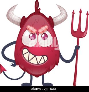 Cartoon red devil character with horns and tail holding trident vector illustration Stock Vector