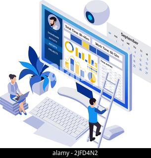 Remote management distant work isometric icons composition with desktop computer project calendar and small people vector illustration Stock Vector