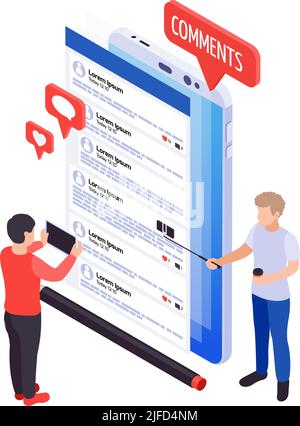 Isometric blogging icon with post comments on smartphone screen 3d vector illustration Stock Vector