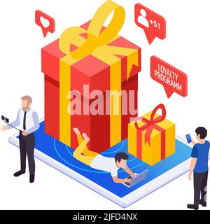 Isometric marketing loyalty programme concept with presents for followers customers vector illustration Stock Vector