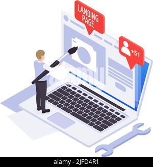 Social media isometric icon with character creating landing page 3d vector illustration Stock Vector