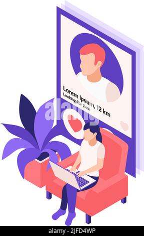 Virtual relationships online dating isometric composition with woman using dating app on laptop vector illustration Stock Vector
