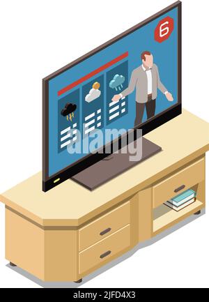 Meteorology weather forecast isometric composition with image of tv set with weather forecast and host vector illustration Stock Vector