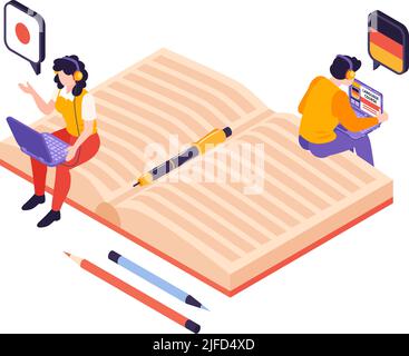 Isometric language center courses composition with notebook icon and people with laptops learning foreign languages vector illustration Stock Vector