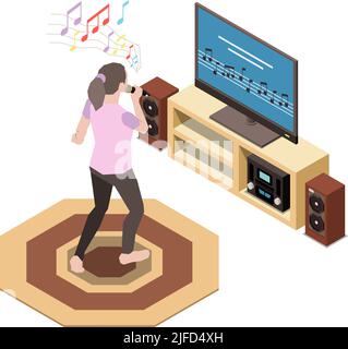 Stay at home isometric composition with character of woman singing karaoke on tv set vector illustration Stock Vector