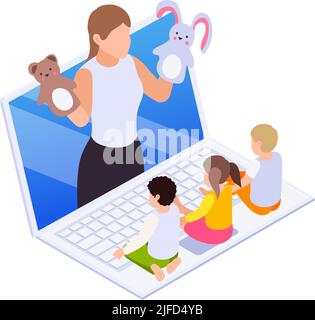 Home education isometric icon with small children having online lesson vector illustration Stock Vector