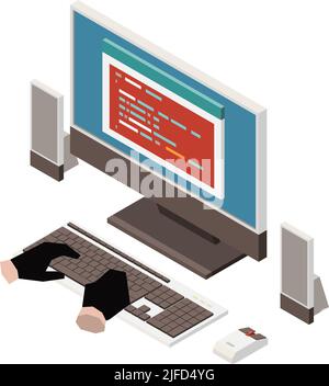 Isometric icon with hacker hands in gloves trying to get personal information on computer vector illustration Stock Vector