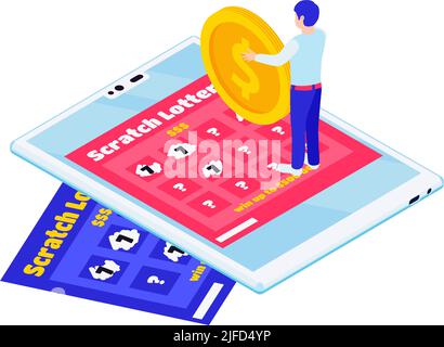 Online lottery isometric icon with scratch cards gadget and character holding gold coin 3d vector illustration Stock Vector