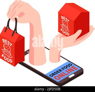 Isometric delivery food composition with image of smartphone and human hands with food boxes vector illustration Stock Vector