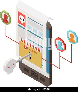 Digital crime isometric icon with smartphone key to personal information warning notification vector illustration Stock Vector