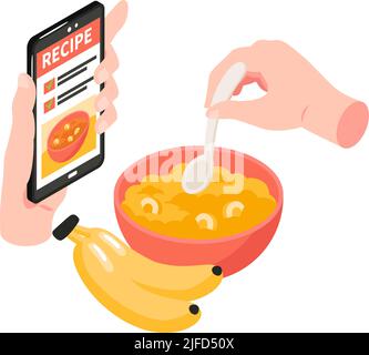Cooking school isometric icon with human hands holding spoon and smartphone with recipe vector illustration Stock Vector