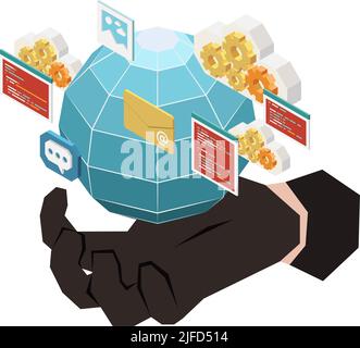 Digital crime concept with hacker hand in black glove and isometric symbols 3d vector illustration Stock Vector