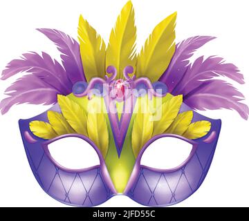 Realistic carvinal mask composition with isolated image of masquerade mask with purple and yellow feathers vector illustration Stock Vector
