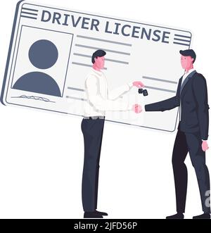 Flat composition with driving license card and two male characters vector illustration Stock Vector