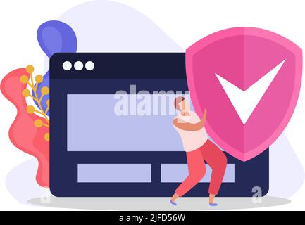 Internet security protected personal data flat icon with character and shield image vector illustration Stock Vector
