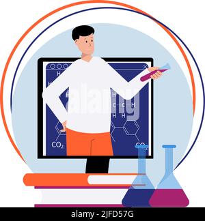 Online science lesson flat composition with computer male teacher books and flasks vector illustration Stock Vector