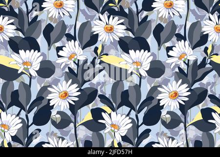 Vector floral seamless pattern. Daisies with leaves of navy blue color isolated on a blue background. Stock Vector