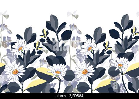 Vector floral seamless pattern, border. Horizontal panoramic design with daisies and navy blue leaves on a white background. Stock Vector