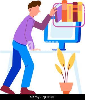 Online education flat icon with character choosing virtual books in library vector illustration Stock Vector
