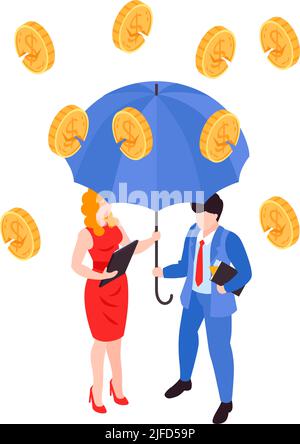 Financial crisis isometric concept with cracked coins falling on businessmen under umbrella 3d vector illustration Stock Vector