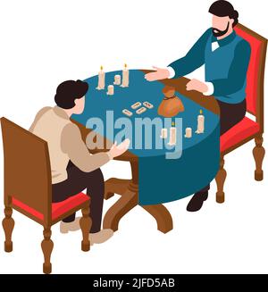 Man at occult session with wizard telling fortune by runes isometric vector illustration Stock Vector