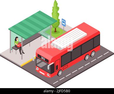 Isometric icon with public transport and woman sitting at bus stop 3d vector illustration Stock Vector