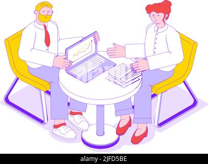 Business meeting isometric icon with two office workers 3d vector illustration Stock Vector