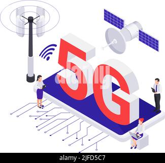 Isometric icon with 5g internet satellite antenna smartphone 3d vector illustration Stock Vector