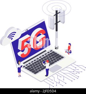 Isometric 5g internet icon with laptop transmitter tower and human characters 3d vector illustration Stock Vector