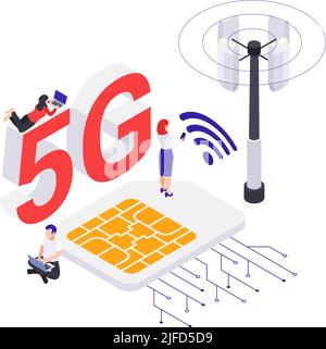 5g internet concept with sim card wifi signal antenna and human characters isometric 3d vector illustration Stock Vector
