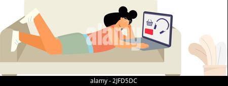 Woman ordering headphones at online electronics store flat icon vector illustration Stock Vector