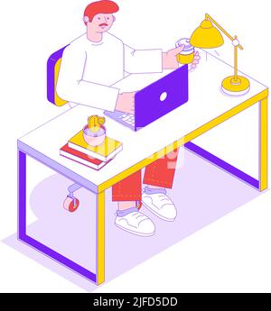Isometric icon with office worker at his desk with laptop and cup of coffee vector illustration Stock Vector