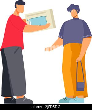 Flat appliance store icon with character of customer buying toaster and seller vector illustration Stock Vector