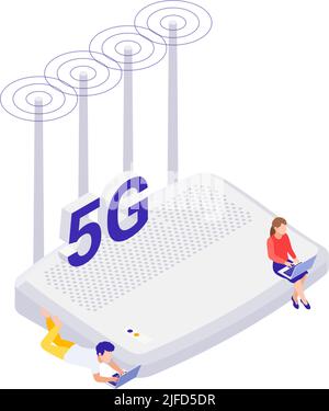 Isometric internet 5g technology icon with router and people with laptops on white background vector illustration Stock Vector