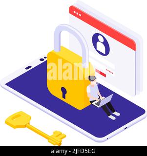 Data protection isometric icon with 3d lock smartphone and woman working on computer vector illustration Stock Vector
