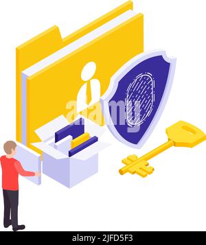 Cyber security isometric concept with fingerprint access key and folders on white background vector illustration Stock Vector