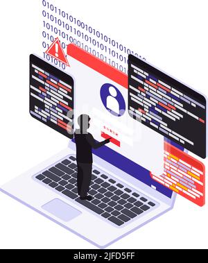 Isometric cyber security concept with hacker breaking into personal account on computer vector illustration Stock Vector