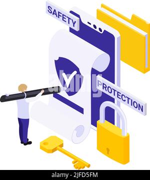 Cyber security isometric concept with protected confidential data on smartphone and human character vector illustration Stock Vector