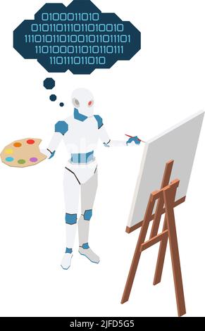 Artificial intelligence 3d icon with robot painting picture isometric vector illustration Stock Vector