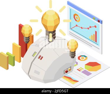 Isometric concept with digital brain light bulbs and charts 3d vector illustration Stock Vector