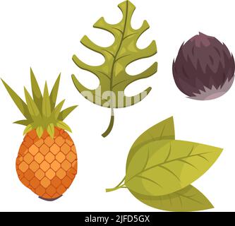 Cartoon tropical fruits and green leaves isolated on white background vector illustration Stock Vector