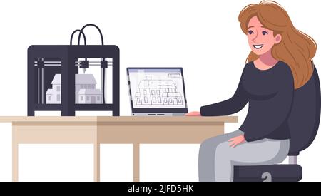 Smiling woman architect printing house model on 3d printer cartoon vector illustration Stock Vector