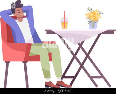 Cool drink flat composition with man sitting at restaurant table with cocktail drink vector illustration Stock Vector