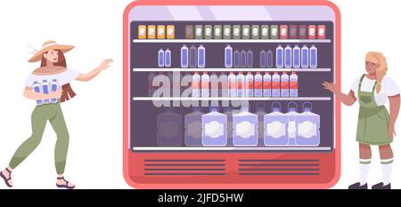 Cool drink flat composition with wide refrigerator with bottles and women vector illustration Stock Vector
