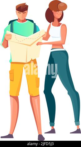 Treasure hunt flat composition with characters of woman and man looking on paper map vector illustration Stock Vector
