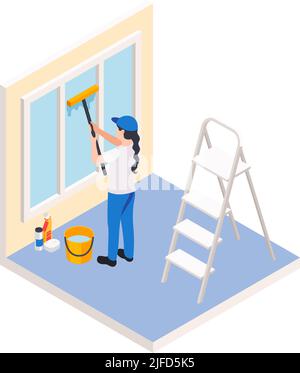 Renovation repair works isometric composition with character of female worker cleaning the window vector illustration Stock Vector